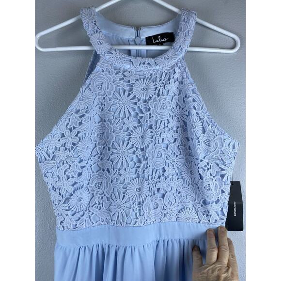 Lulus Sz Small Lover's Game Baby Blue Lace Chiffon Halter Skater Dress - Picture 2 of 16